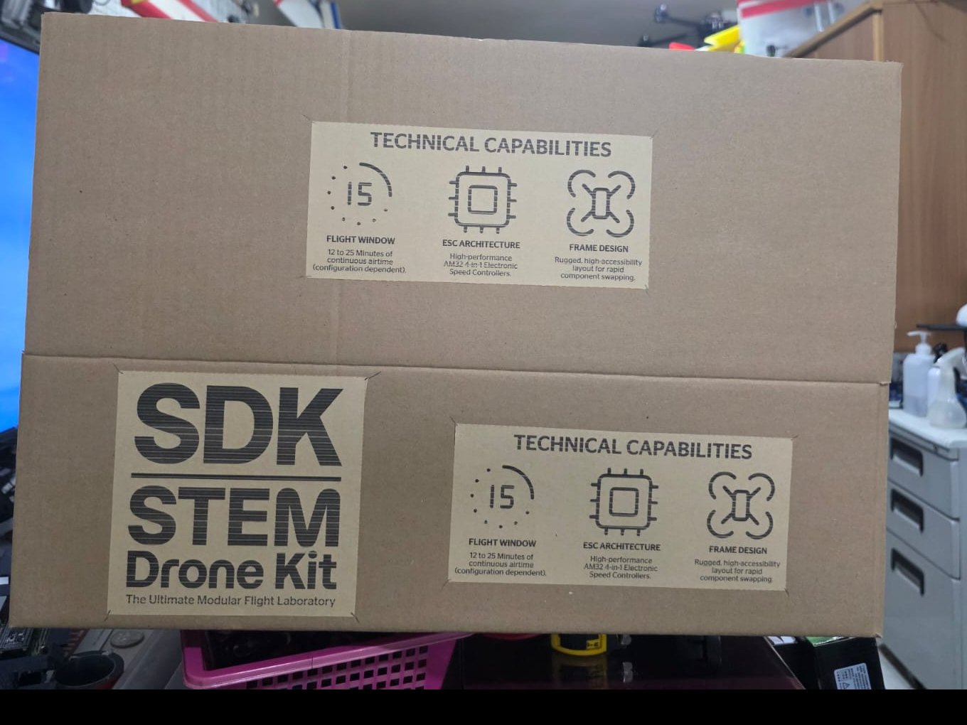 SDK STEM Drone Kit box with its technical capabilities panel